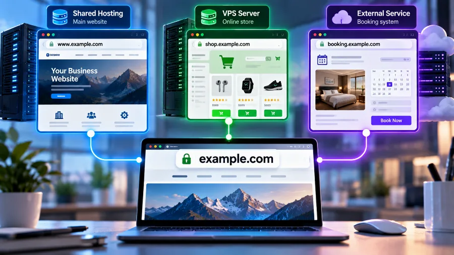 Subdomains under one name – the website, shop and bookings run on different servers
