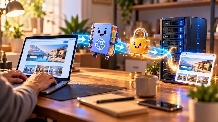 How a browser reaches a website: DNS, the server and a secure HTTPS connection