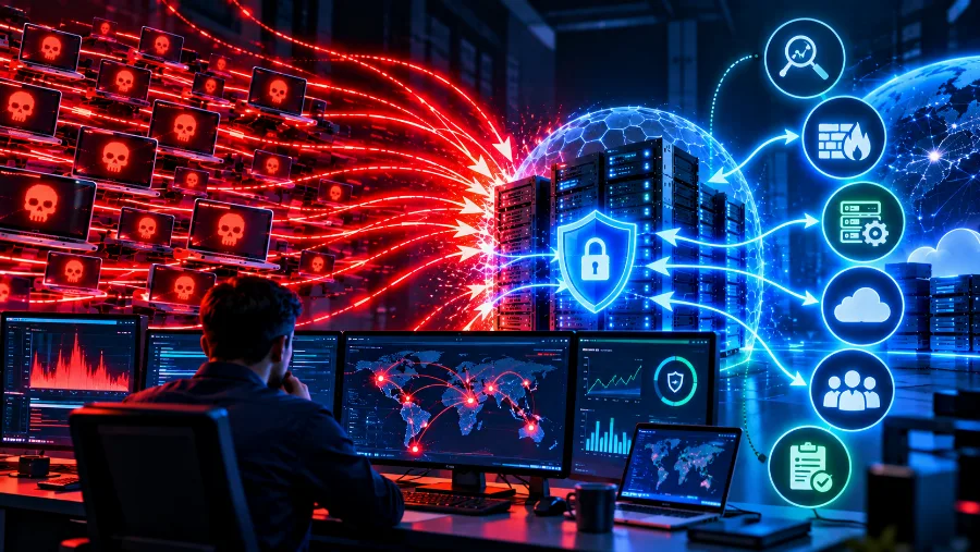 Administrator monitoring server load and responding during a DDoS attack