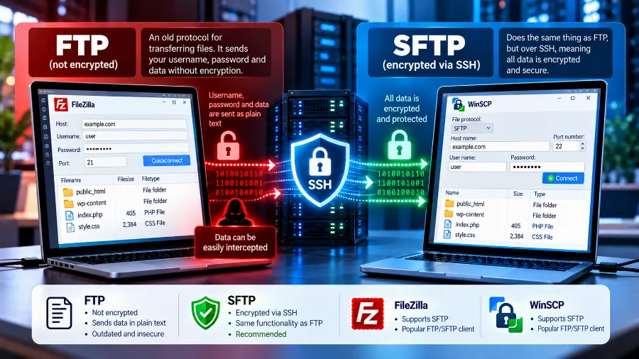 SFTP over SSH versus FTP – encrypted and unencrypted file transfer SFTP over SSH versus FTP – encrypted and unencrypted file transfer