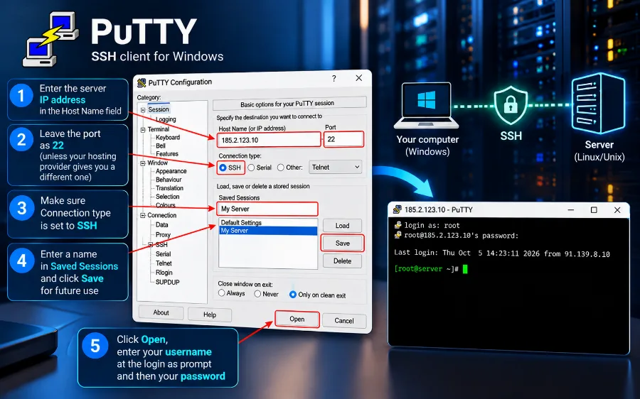 Connecting to a server over SSH with PuTTY on Windows Connecting to a server over SSH with PuTTY on Windows