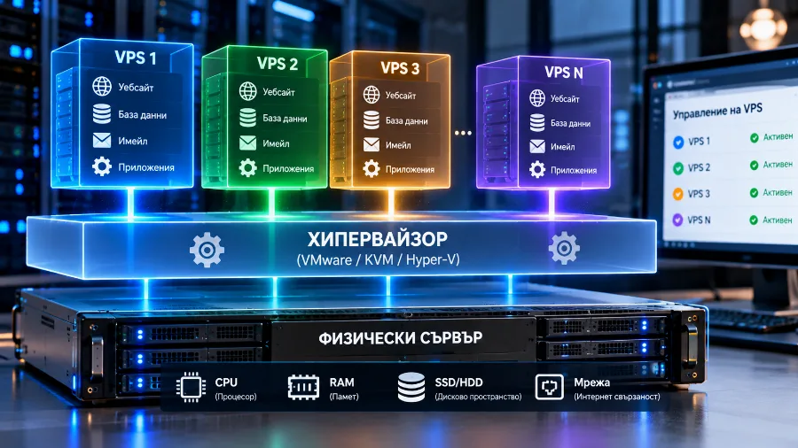 Хипервайзорът разпределя процесора, паметта и диска между виртуалните сървъри Хипервайзорът разпределя процесора, паметта и диска между виртуалните сървъри