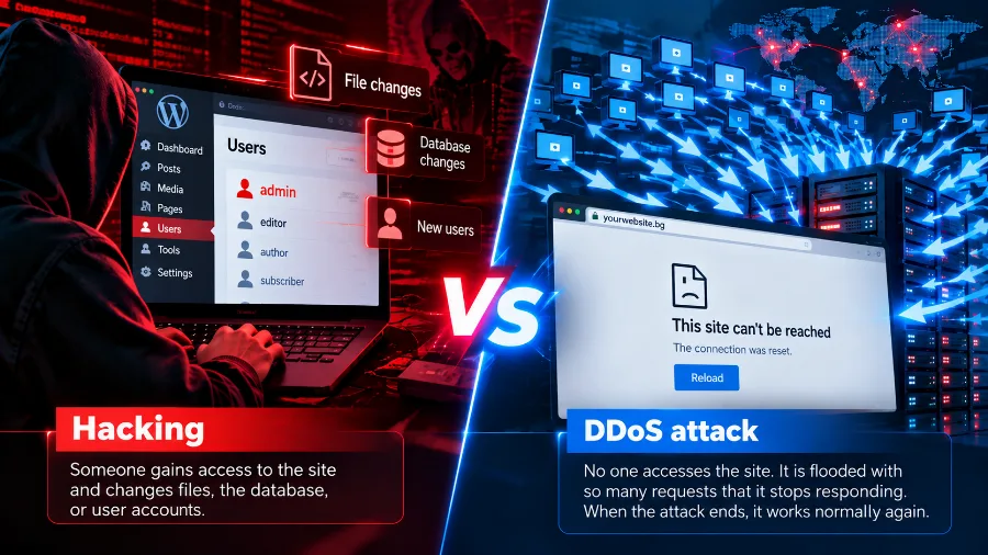 The difference between hacking and a DDoS attack – breaking in versus flooding with traffic