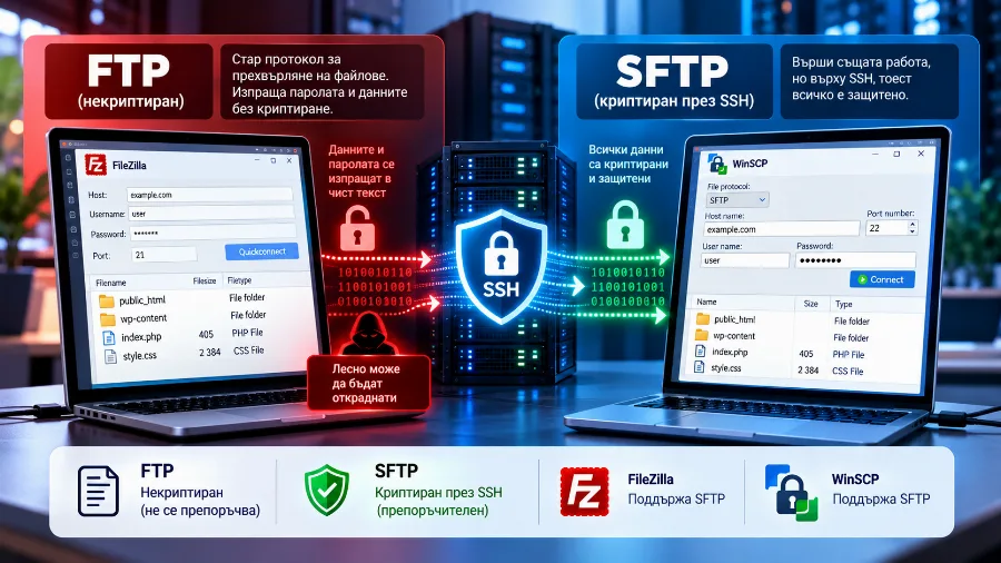 SFTP през SSH срещу FTP – криптирано и некриптирано прехвърляне на файлове SFTP през SSH срещу FTP – криптирано и некриптирано прехвърляне на файлове
