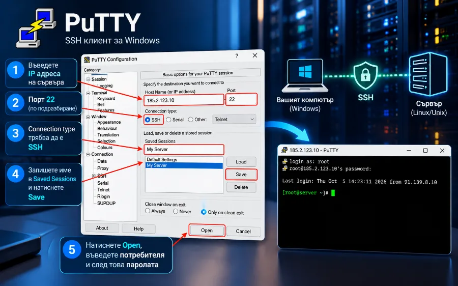 Свързване към сървър през SSH с PuTTY в Windows Свързване към сървър през SSH с PuTTY в Windows