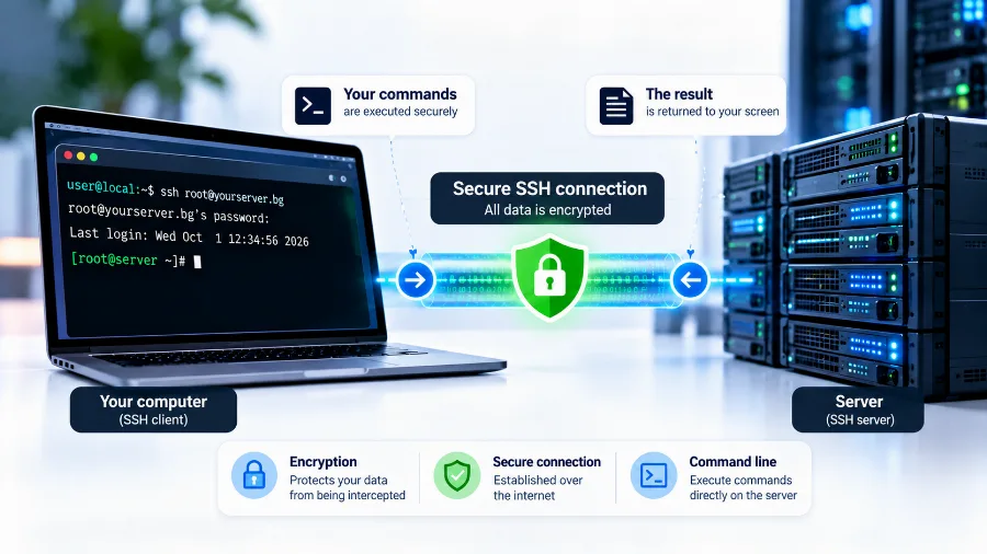 An SSH connection – commands typed on your computer run on the remote server An SSH connection – commands typed on your computer run on the remote server