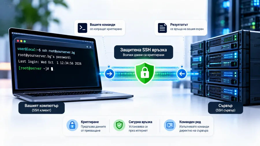 SSH връзка – командите се пишат на компютъра и се изпълняват на отдалечения сървър SSH връзка – командите се пишат на компютъра и се изпълняват на отдалечения сървър