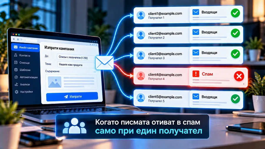 Писмо, преместено от спама във входящата кутия и маркирано като доверен подател