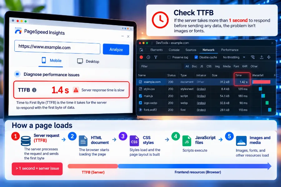 Server response time – a request travelling from the phone to the hosting server and back Server response time – a request travelling from the phone to the hosting server and back