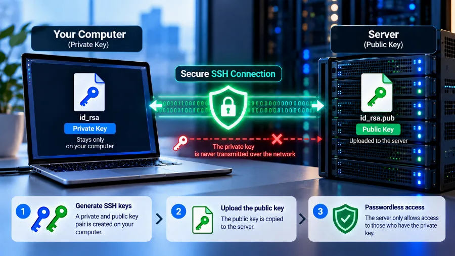 SSH keys – the private key stays on your computer, the public key goes on the server SSH keys – the private key stays on your computer, the public key goes on the server