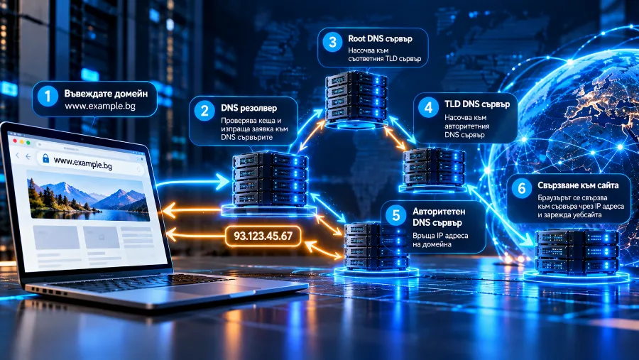Пътят на DNS заявката от браузъра през резолвера до nameserver-а на домейна Пътят на DNS заявката от браузъра през резолвера до nameserver-а на домейна