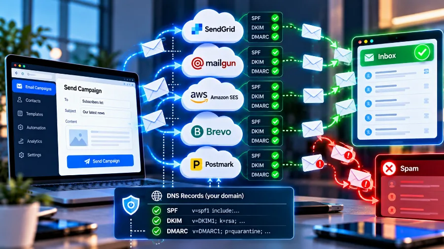 Emails from the mailbox, online shop and newsletter platform – all must be covered by SPF and DKIM